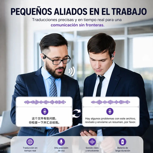 Auriculares traductores inteligentes: traducen más de 100 idiomas en tiempo real, ideales para viajes, negocios y reuniones. Incluyen asistente de voz e intercomunicador + ¡APP INCLUIDA GRATIS!