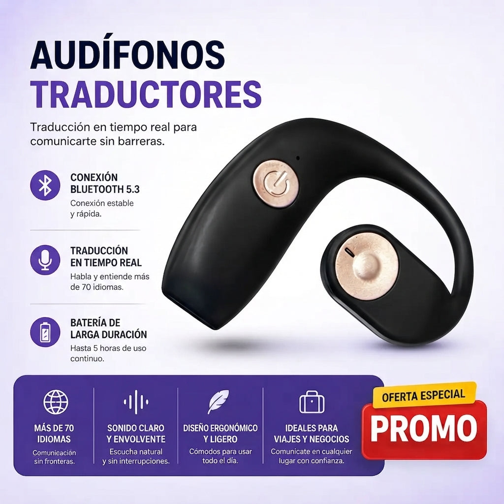 Auriculares traductores inteligentes: traducen más de 100 idiomas en tiempo real, ideales para viajes, negocios y reuniones. Incluyen asistente de voz e intercomunicador + ¡APP INCLUIDA GRATIS!